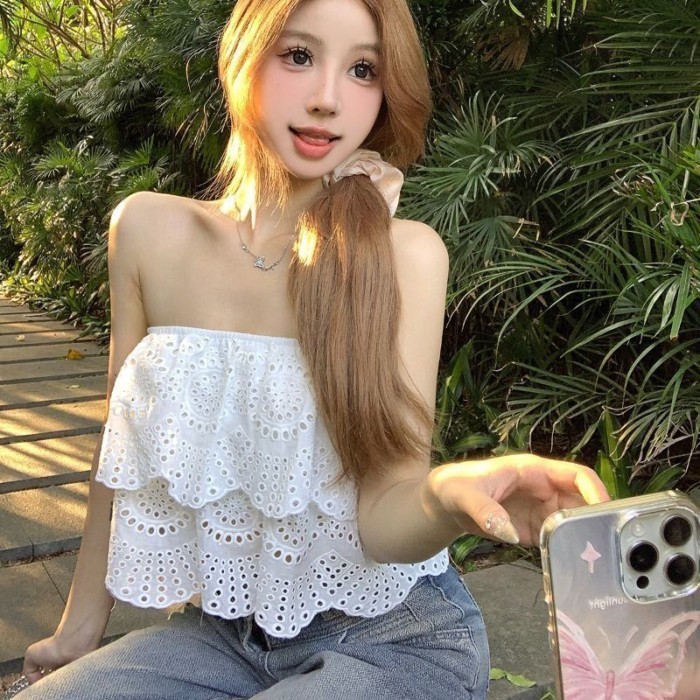 Áo kiểu tây đẹp cho nữ, vest quây mùa hè, áo ngoài quấn ngực thêu rỗng phong cách ngày lễ
