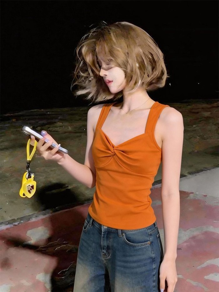 Lan ~ Áo yếm màu cam Kinked đẹp mắt dành cho nữ đầu mùa hè có thể mặc bên ngoài Slim-fit Crop Eo Áo không tay