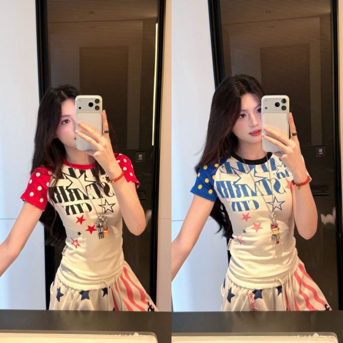 Lan ~ Phong Cách Mỹ Màu Sắc Tương Phản Chấm Bi Raglan Áo Thun Nữ Tay Ngắn In Chữ Mùa Hè Ngọt Ngào Hot Girl Slim...