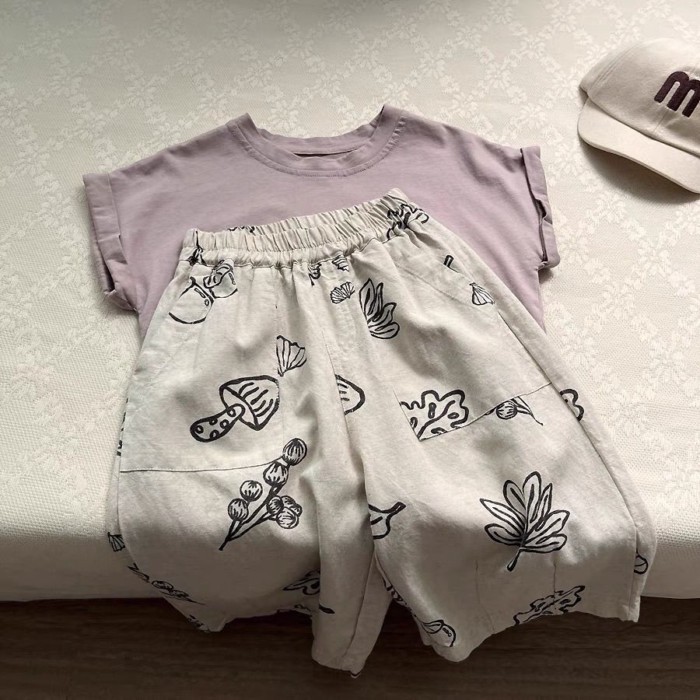 Quần áo trẻ em phong cách văn học cổ điển Hàn Quốc quần crop in cotton và lanh cho bé gái quầ