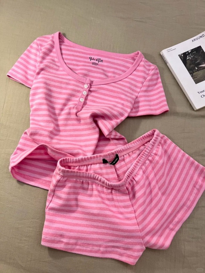 Mỹ nguyên chất ham muốn sọc hồng cổ tròn nút Bộ đồ ngủ cho nữ mùa hè mới quần short ngắn tay
