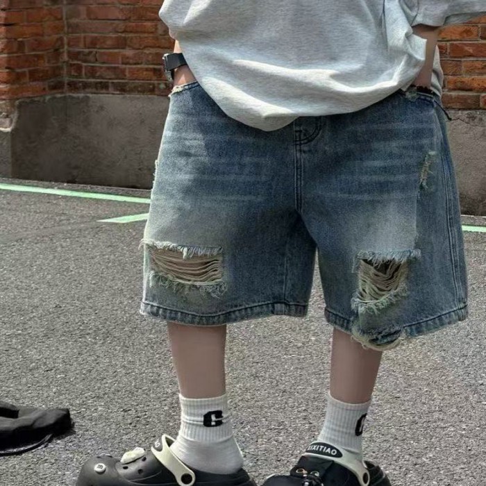 Quần short denim rách họa tiết râu mèo mới cho bé trai, quần short denim dáng rộng và sành đi