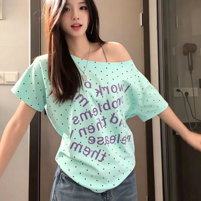 Áo thun nữ tay ngắn in chữ chấm bi  dành cho nữ, lệch vai sóng một vai lệch vai mùa hè theo ph