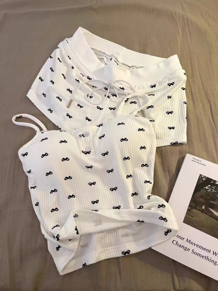 Bộ quần áo mặc ở nhà in hình nơ ngọt ngào Bộ đồ ngủ có dây treo màu trắng cho nữ mùa hè
