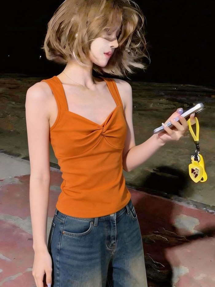 Lan ~ Áo yếm màu cam Kinked đẹp mắt dành cho nữ đầu mùa hè có thể mặc bên ngoài Slim-fit Crop Eo Áo không tay