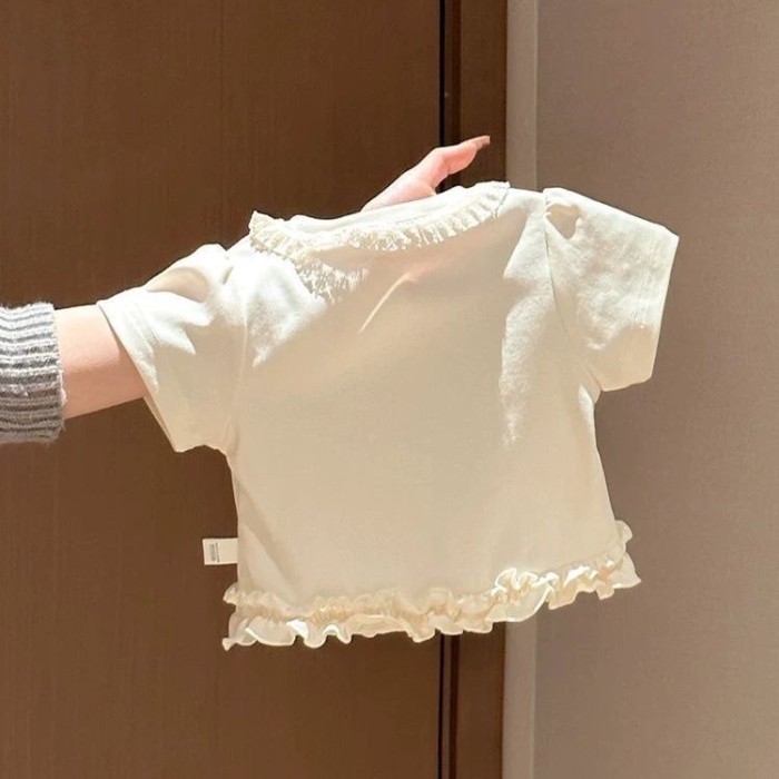 Áo thun trắng tay ngắn in hình hoạt hình ngọt ngào dễ thương dành cho nữ kèm khuyên tai xù