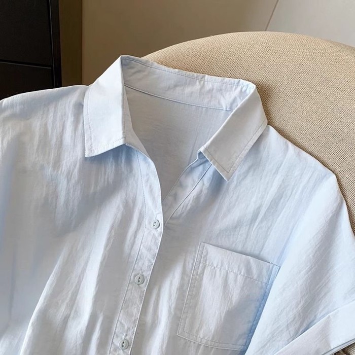 áo sơ mi ngắn tay cổ polo màu xanh cho nữ mùa hè mới rộng rãi và đa năng áo sơ mi siêu đẹp