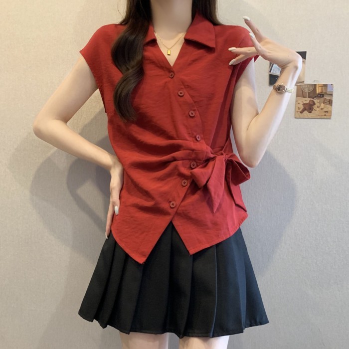 dây đai siết eo, sơ mi ngắn tay thời trang, giảm béo mới mùa hè, áo đơn giản, đa năng