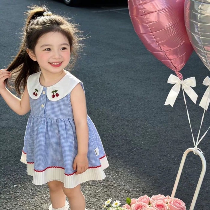 Váy cotton nguyên chất bé gái váy dài vừa phải váy bé gái công chúa phong cách bé gái áo vest