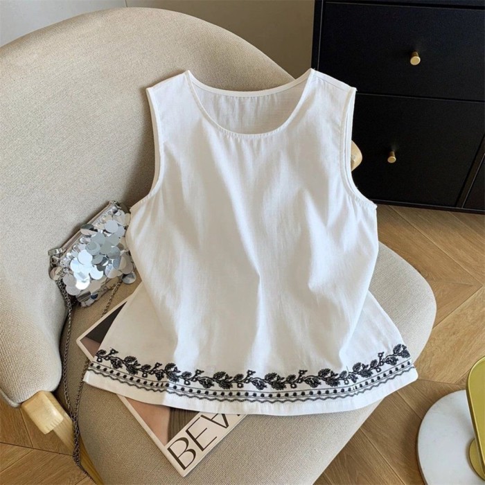 áo thun thêu bằng vải cotton và vải lanh công nghiệp nặng phong cách Trung Quốc mùa hè thời tran