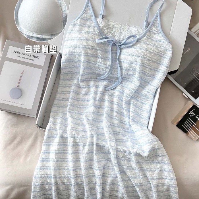 Nguyên Chất Desire Sọc Váy Ngủ Xanh Mùa Hè Gợi Cảm Suspender Mới Ren Có Thể Lộ Nhà Quần Áo Mi