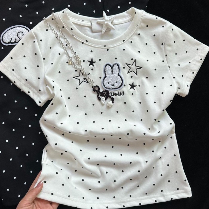 Hoạt Hình Dễ Thương In Hình Thỏ Chấm Bi Ngôi Sao Áo Thun Nữ Tay Ngắn Nữ Mùa Hè Slim Fit Đa Năng Y2K