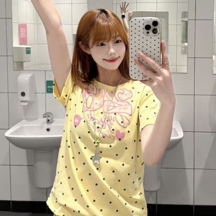 Áo thun ngắn tay in hình ngôi sao vàng của hot girl Hàn Quốc Mỹ cho nữ mặc mùa hè, áo giảm bé