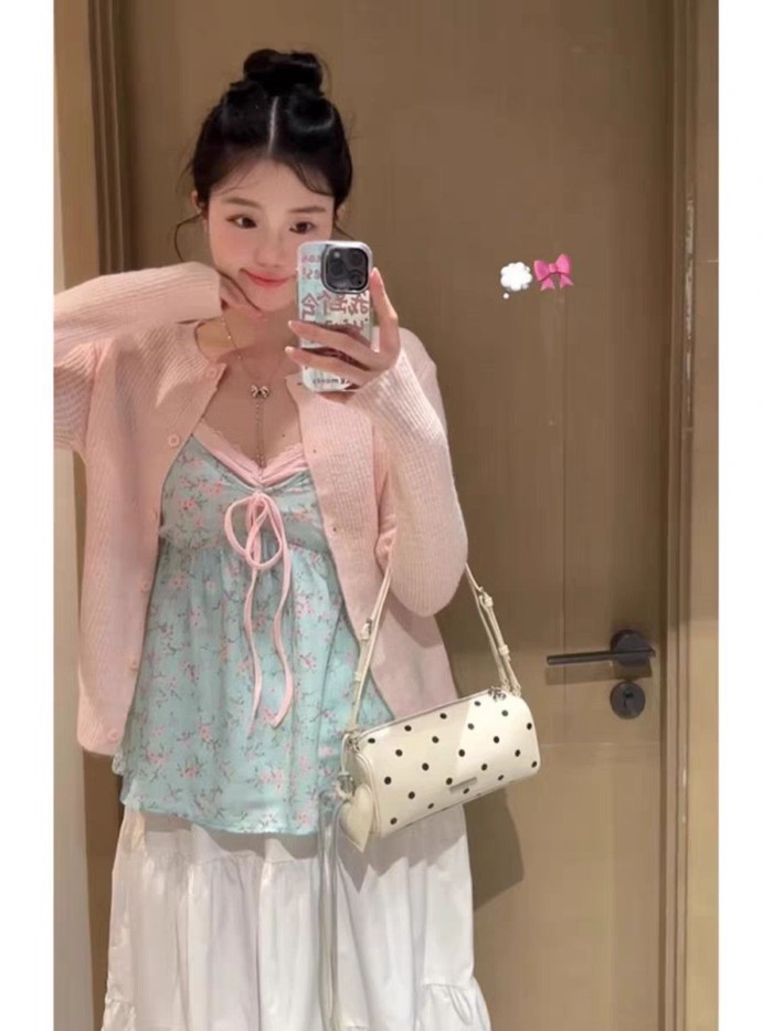 kỳ nghỉ xuân hè hai phong cách Pháp mới đơn giản hot girl áo yếm ren hoa giảm béo áo rộng ngọ