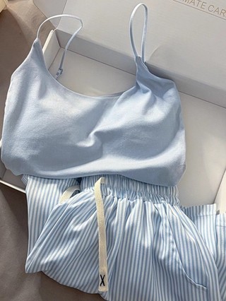 bộ đồ ngủ nhỏ có dây đeo sọc xanh tươi mới dành cho nữ mùa hè phong cách mới vest quần short mặc