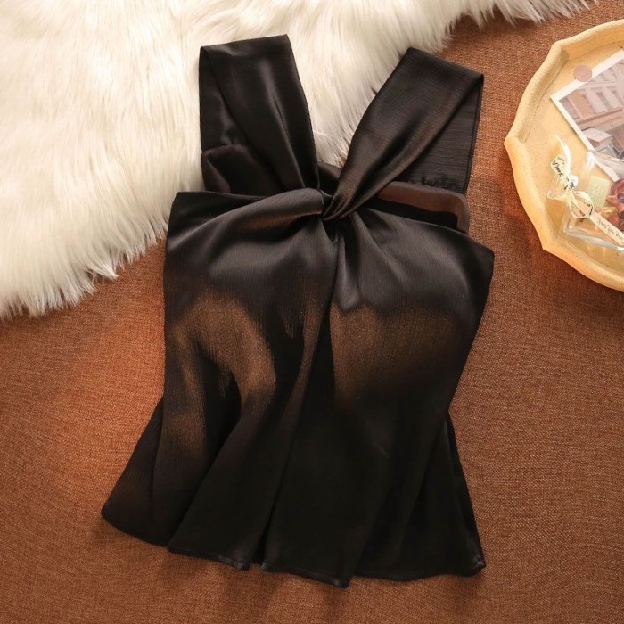 Lan ~ Áo Vest Cổ Chữ Thập Mùa Hè Nữ Mặc Bên Ngoài Gợi Cảm Ngọt Ngào Cô Gái Ôm Hơn Nhìn Bên Trong Dây Không Tay Ngắn Top
