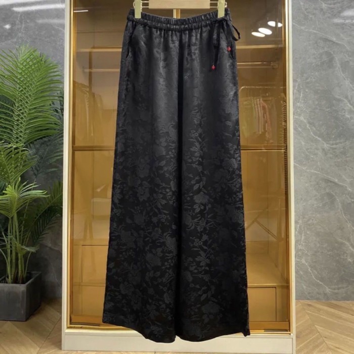 quần satin jacquard phong cách quốc gia Quần ống rộng phong cách Trung Quốc cho phụ nữ mùa xuân