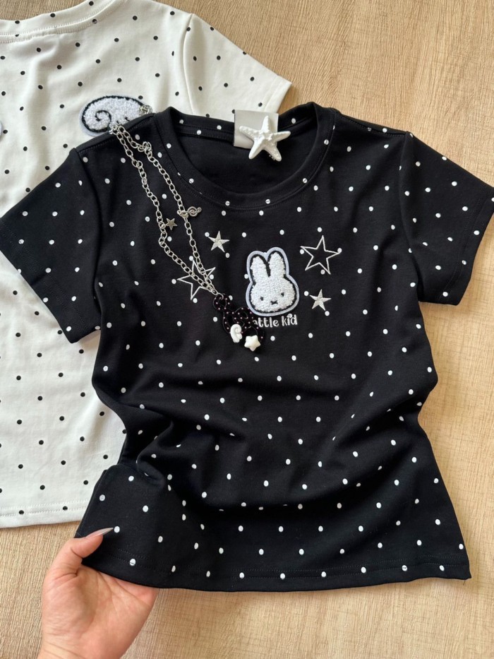 Hoạt Hình Dễ Thương In Hình Thỏ Chấm Bi Ngôi Sao Áo Thun Nữ Tay Ngắn Nữ Mùa Hè Slim Fit Đa Năng Y2K