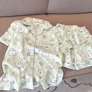 Yunduo cotton trong cỏ gió Bộ đồ ngủ màu xanh lá cây tươi sáng của phụ nữ quần short ngắn tay