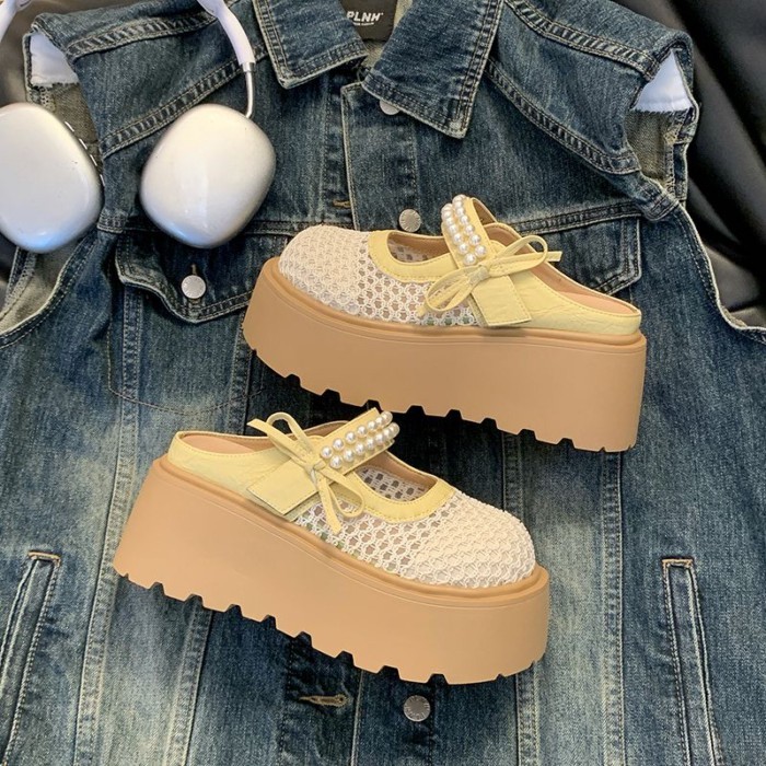 Giày Birkenstock đế dày dành cho người nhỏ nhắn, dép lê nửa trượt bằng lưới kiểu dáng bánh mì thông