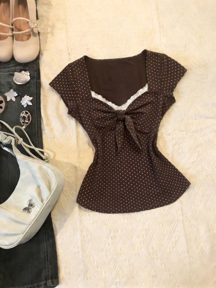 Năm thiết kế thời trang giản dị Millennial Retro Mỹ hottie y2k eo giả hai mảnh áo thun chấm b