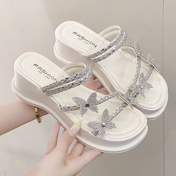 đôi dép đế dày đế dày màu bạc cao cấp hình cánh bướm đính kim cương giả dành cho nữ mặc mùa hè b