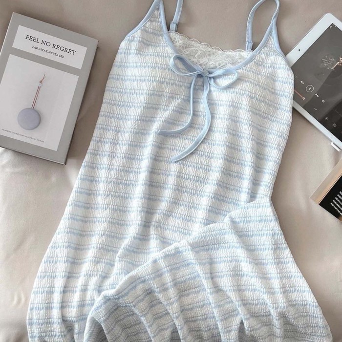 Nguyên Chất Desire Sọc Váy Ngủ Xanh Mùa Hè Gợi Cảm Suspender Mới Ren Có Thể Lộ Nhà Quần Áo Mi
