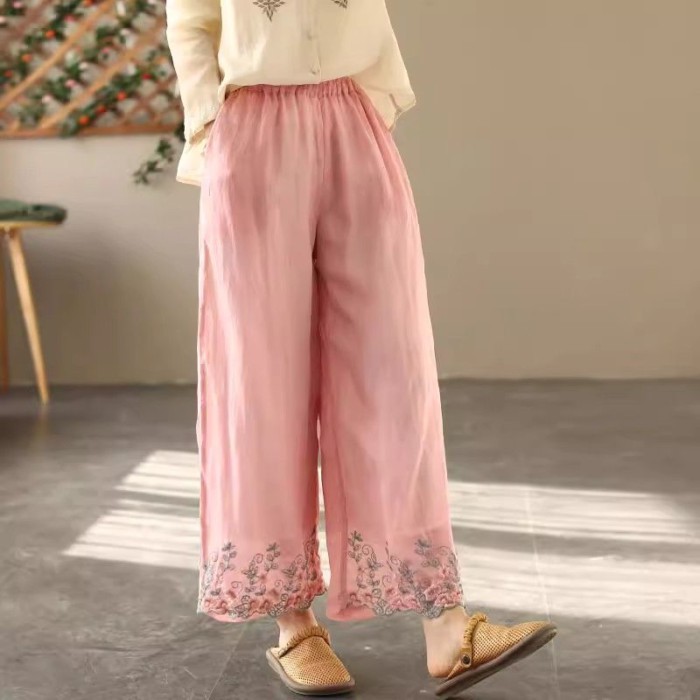 Mùa Xuân Và Mùa Hè Mới Retro Phong Cách Trung Hoa Co Giãn Rộng Cotton Và Vải Lanh Quần Âu Thêu Q