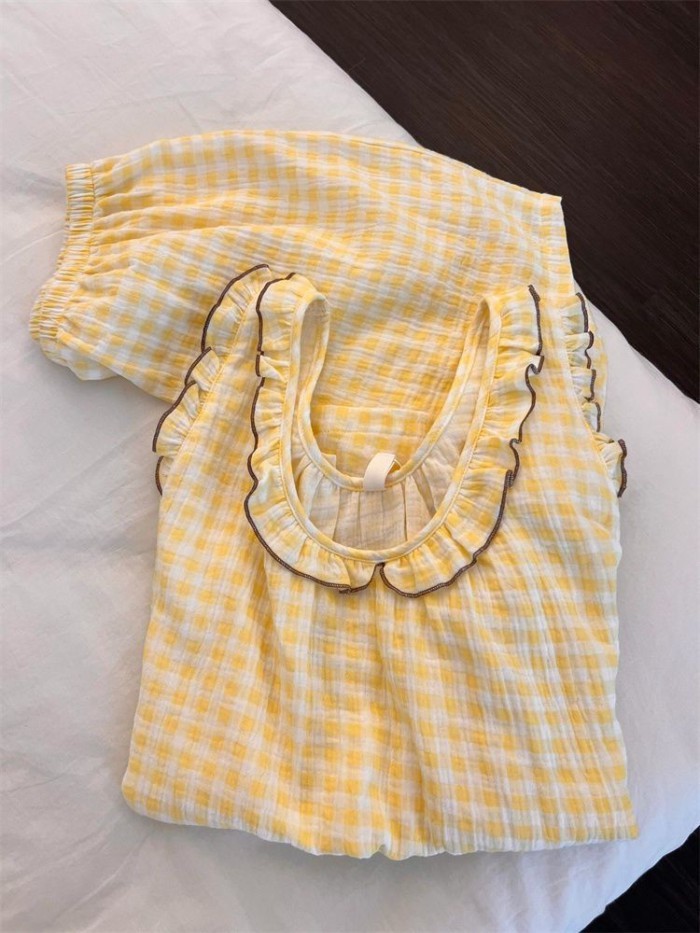 Bộ đồ ngủ phong cách Hàn Quốc dành cho nữ mùa hè thông thường ruffle quần short treo phù hợp với qu