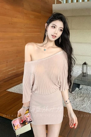 Váy dệt kim một vai Pure Desire cho nữ giảm béo và váy ngắn ôm hông cao cấp