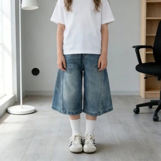 Quần crop denim bé gái phong cách mùa hè quần trẻ em đa năng quần ống rộng ống rộng phong cách Hàn