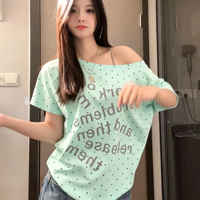 Áo thun nữ tay ngắn in chữ chấm bi  dành cho nữ, lệch vai sóng một vai lệch vai mùa hè theo ph