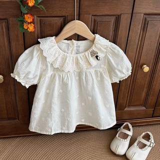 Áo sơ mi ren cổ lọ ngắn tay dành cho bé gái mùa hè có đế bằng vải cotton dành cho trẻ sơ sinh