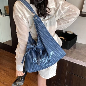 Túi vải canvas mới sọc giản dị phong cách Hàn Quốc tote đeo vai đi lại đa năng hai mặt dung t