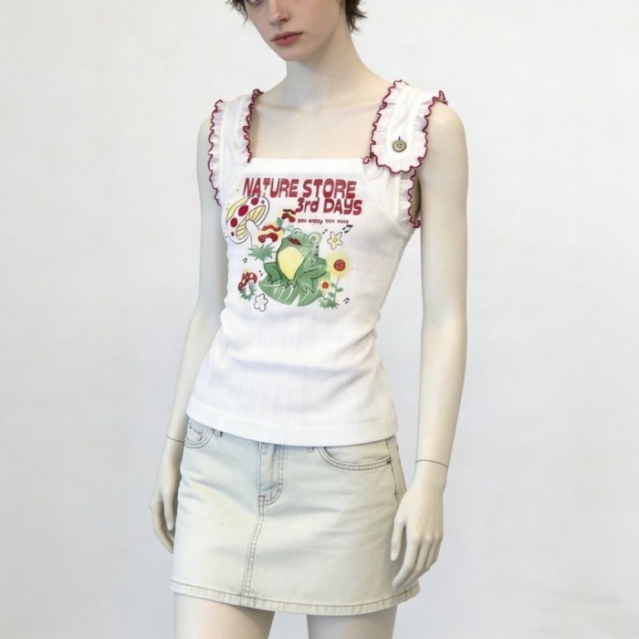 Mỹ Retro nhỏ bay tay áo vest thiên niên kỷ ngọt ngào hottie y2k màu sắc tương phản trẻ con in