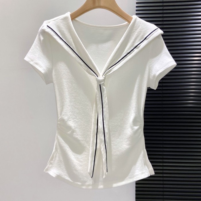 Cotton Trắng Hải Quân Vai Phải Áo Thun Nữ Tay Ngắn Mùa Hè Khe Slim Fit Phong Cách Hàn Quốc Áo Sơ