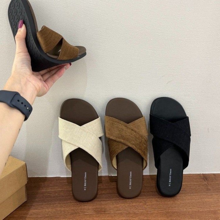 Dép vải lanh quai ngang cho nữ, dép thường ngày cổ điển, dép bệt đi biển đi nghỉ mát