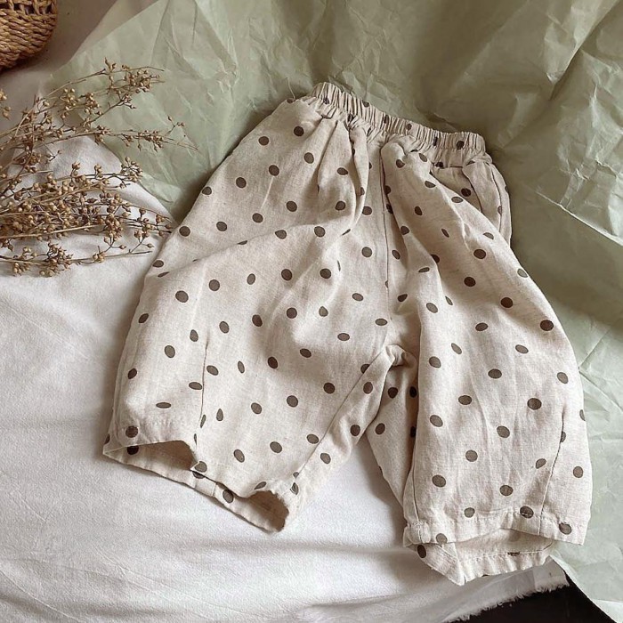 Quần cotton lanh chấm bi bé gái Hàn Quốc, quần ống rộng ống rộng thoải mái cho bé gái mùa hè