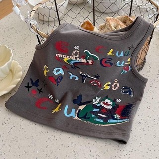 Áo vest hình chữ graffiti cho bé gái và bé trai áo cotton có dây treo ngắn không tay thời trang mùa