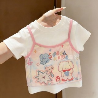 Áo thun ngắn tay hai mảnh vải cotton nguyên chất đa năng cho bé gái nghỉ hè, áo nửa tay thời trang