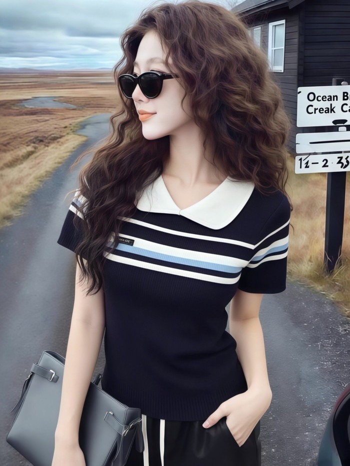 Áo thun dệt kim ngắn tay cổ búp bê sọc màu tương phản mùa hè dành cho nữ sinh viên độc đáo và đẹp m