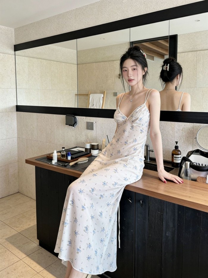 Đầm hoa ngọt ngào kiểu Pháp có dây treo váy ngủ dành cho nữ mùa hè thời trang mới gợi cảm Đầm