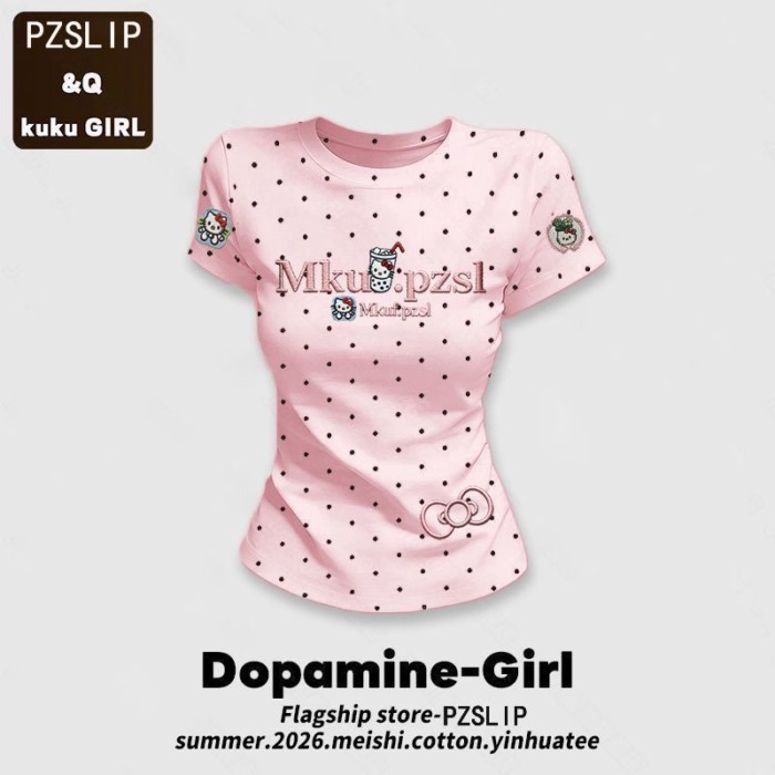 Áo thun ngắn tay cổ tròn chấm bi không bóng dành cho nữ mùa xuân hè xanh bạc hà dopamine slim fit t