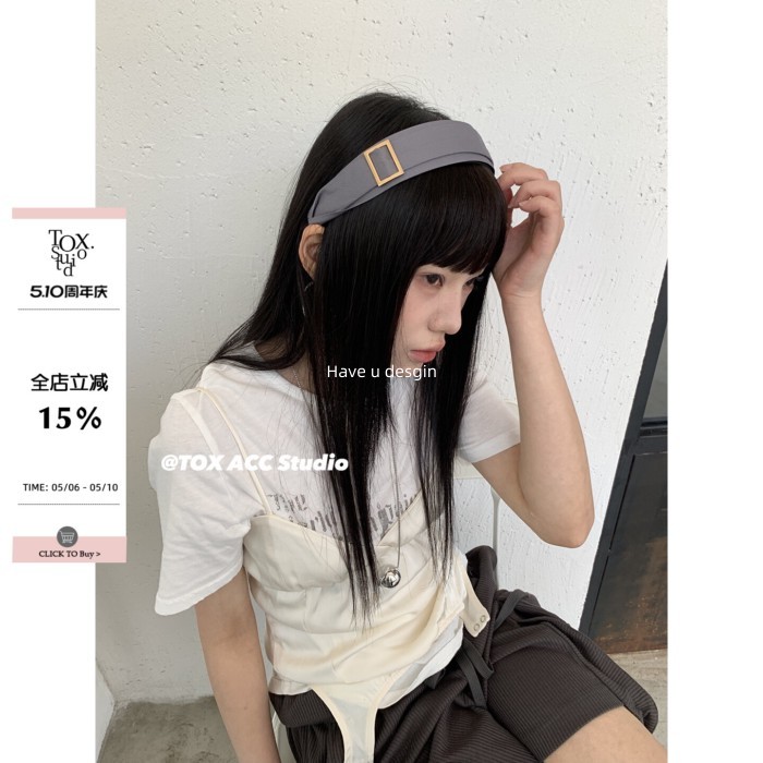 Have u desgin Hàn Quốc Retro Cao Cấp Đầu Lâu Hàng Đầu Rộng Viền Tất Cả Trận Đấu Vàng Vuông Khóa Cao Cấp Băng Đô Xếp Ly