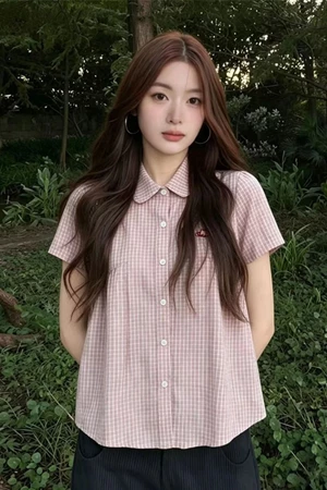 Áo sơ mi ngắn tay kiểu dáng mèo Sweet Kitty Cat kẻ sọc búp bê ngắn tay dành cho nữ với thiết