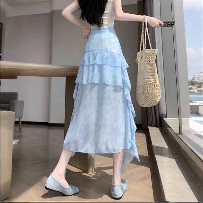 Váy váy buộc dây không đều màu cho nữ mùa hè kiểu dáng mới xù lưới váy chữ A dài ngang hông
