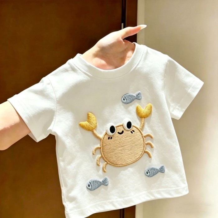 Áo thun ngắn tay giả thêu hình con cua dễ thương phong cách mùa hè cho bé trai và bé gái, áo cot