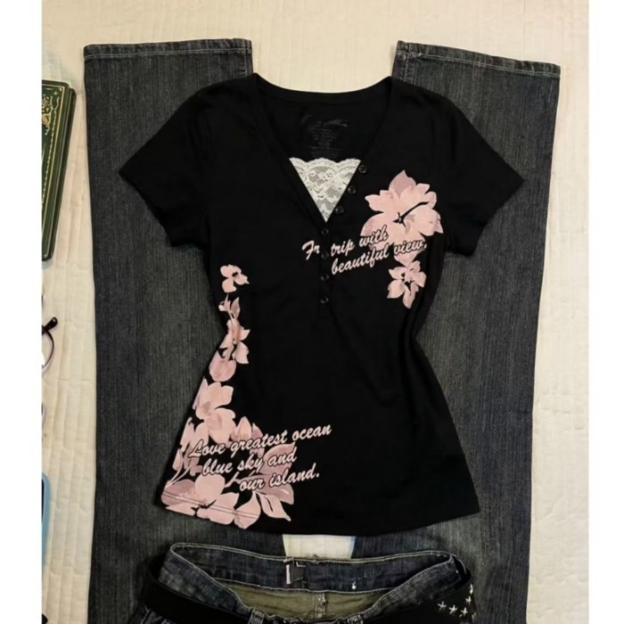 Mỹ Retro Giả 2 Vintage Thoáng Mát Hottie Ren Gothic Punk Slim Áo Thun Tay Ngắn Cổ Điển Hàng Đ