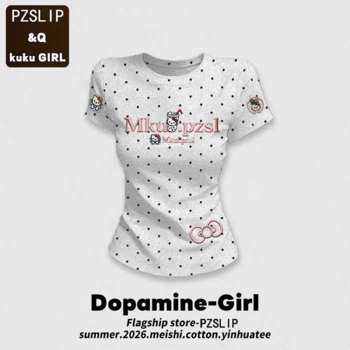Áo thun ngắn tay cổ tròn chấm bi không bóng dành cho nữ mùa xuân hè xanh bạc hà dopamine slim fit t