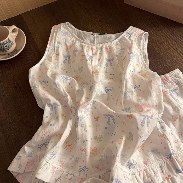 Bộ đồ ngủ không tay in hình nơ đầy màu sắc phong cách Hàn Quốc dành cho nữ Bộ quần short dễ t
